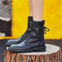 Size:4.5-9 Women Solid Color Lace-up Genuine Leather Zipper Boots