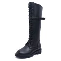 Size:4.5-9 Women Solid Color Lace-up Genuine Leather Zipper Boots