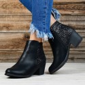 Vintage Fashion PU Upper Sequins Decor Chunky Heel Short Boots