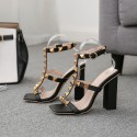 Women Sexy Thick Heel Square Toe Rivets Buckle Strap Open Toe Sandals