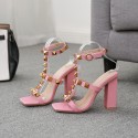 Women Sexy Thick Heel Square Toe Rivets Buckle Strap Open Toe Sandals