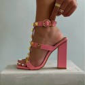 Women Sexy Thick Heel Square Toe Rivets Buckle Strap Open Toe Sandals