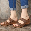 Women Vintage Casual Hollow Design Solid Color Wedge Sandals