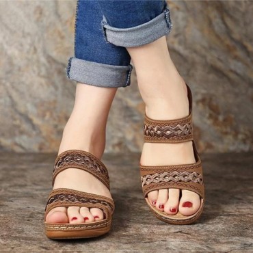 Women Vintage Casual Hollow Design Solid Color Wedge Sandals