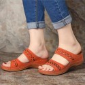 Women Vintage Casual Hollow Design Solid Color Wedge Sandals