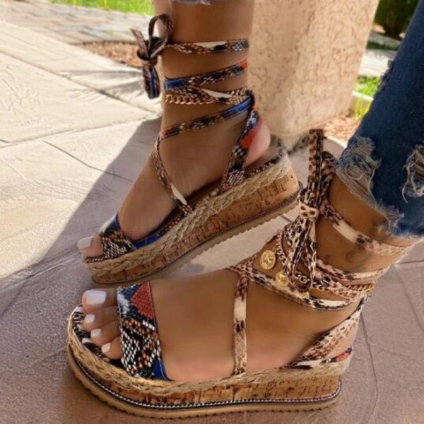 Women Fashion Sexy Strap Design Leopard Snake Pattern Platform Sandals