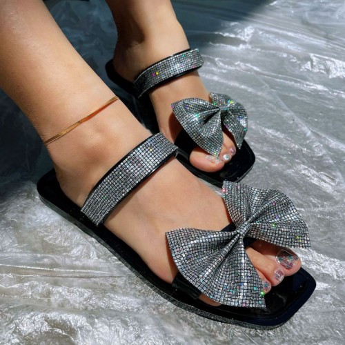 Women Fashion Sexy Bow Rhinestone Decorative Square Toe Flat Sandals