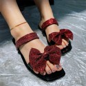 Women Fashion Sexy Bow Rhinestone Decorative Square Toe Flat Sandals