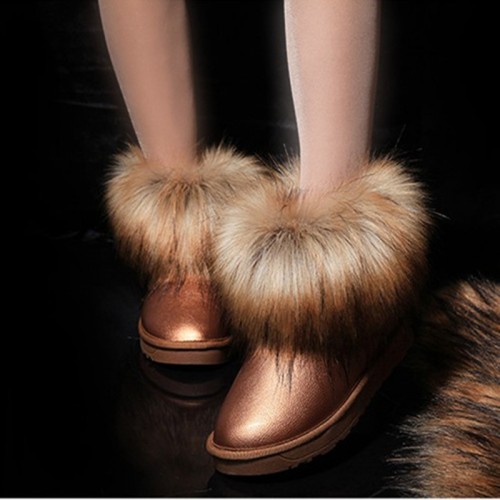 Women Fashion Round Toe Plush Flat Slip Snow Boots