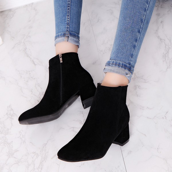 Women Fashion Round Toe Solid Color Suede Chunky Heel Side Zipper Short Boots