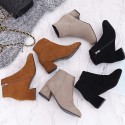 Women Fashion Round Toe Solid Color Suede Chunky Heel Side Zipper Short Boots