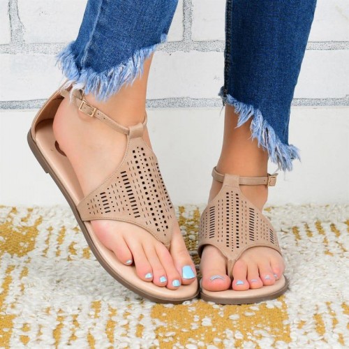 Plus Size Women Fashion Round Toe Thong Hollow Flat Sandals