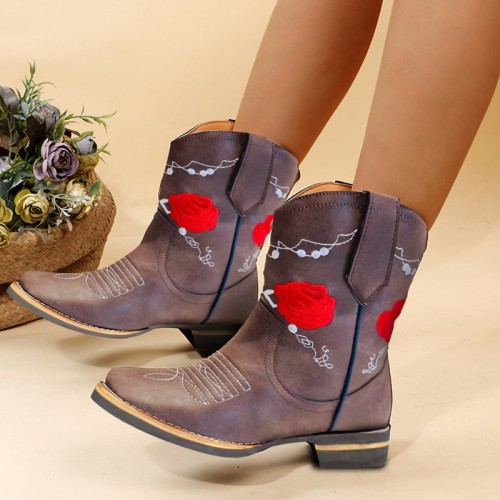 Vintage Plus Size Women Fashionable Square Toe Embroidered Short Boots