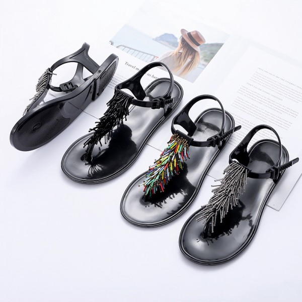 Women Fashion Beaded T-Thong Solid Color Flat Sandals