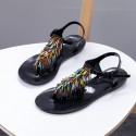 Women Fashion Beaded T-Thong Solid Color Flat Sandals