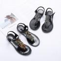 Women Fashion Beaded T-Thong Solid Color Flat Sandals