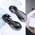 Women Fashion Beaded T-Thong Solid Color Flat Sandals