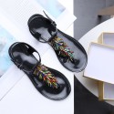 Women Fashion Beaded T-Thong Solid Color Flat Sandals