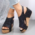 Plus Size Women Fashion Sequin Flat Wedge Platform Sandals