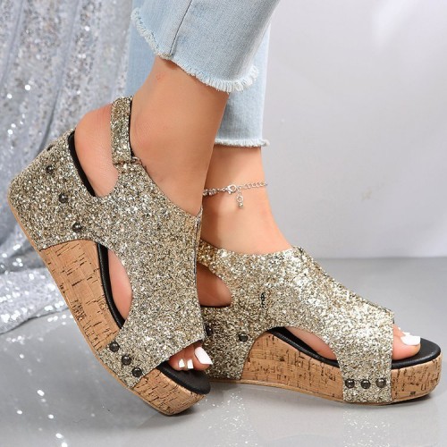 Plus Size Women Fashion Sequin Flat Wedge Platform Sandals