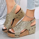 Plus Size Women Fashion Sequin Flat Wedge Platform Sandals