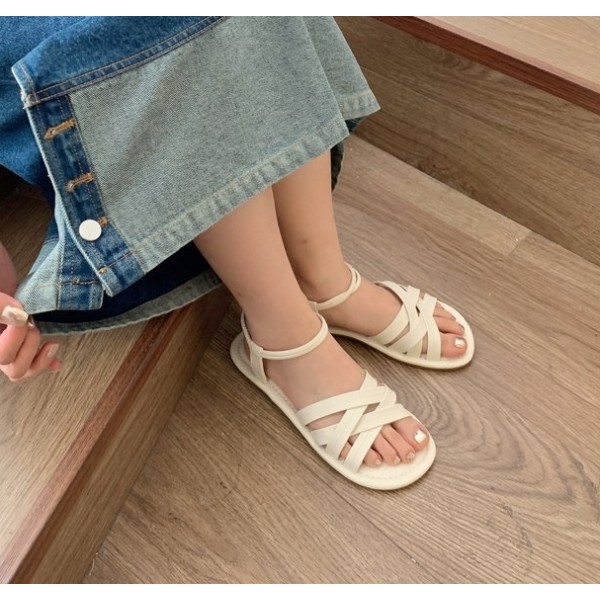 Women Fashion Casual PU Solid Color Round Toe Flat Gladiator Sandals