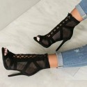 Women Fashion Sexy PU Mesh Peep Toe Bandage High-Top Stiletto Heel Sandals