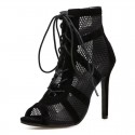 Women Fashion Sexy PU Mesh Peep Toe Bandage High-Top Stiletto Heel Sandals