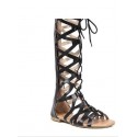 Women Fashion Casual PU Solid Color Open Toe Bandage High Cutout Flat Sandals