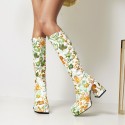 Women Fashion Floral Color Matching Chunky Heel Thick-Soled High Boots