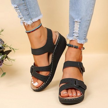 Women Fashion Plus Size Solid Color Velcro Round-Toe Sandals