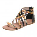 Women Simple Plus Size Woven Cross Strap Back Zipper Round Toe Flat Sandals