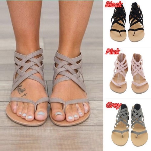 Women Simple Plus Size Woven Cross Strap Back Zipper Round Toe Flat Sandals