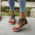 Women Simple Plus Size Woven Cross Strap Back Zipper Round Toe Flat Sandals