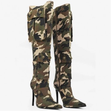 Women Fashion Camouflage Printed High-Heel Boots