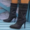 Women Fashion Plus Size Denim Pointed Toe Stiletto Heel Mid-Calf Boots