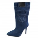 Women Fashion Plus Size Denim Pointed Toe Stiletto Heel Mid-Calf Boots