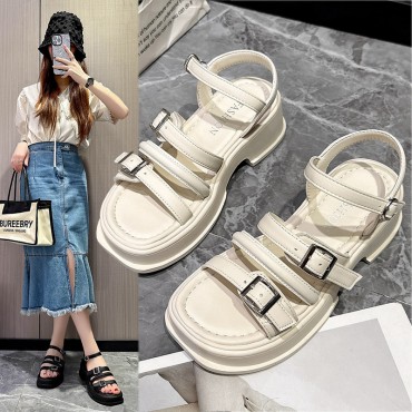 Summer Women Fashion Solid Color Thick-Soled Word With Roman Sandals