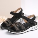 Women Fashion Casual Plus Size Rhinestone Velcro Wedge Heel Sandals