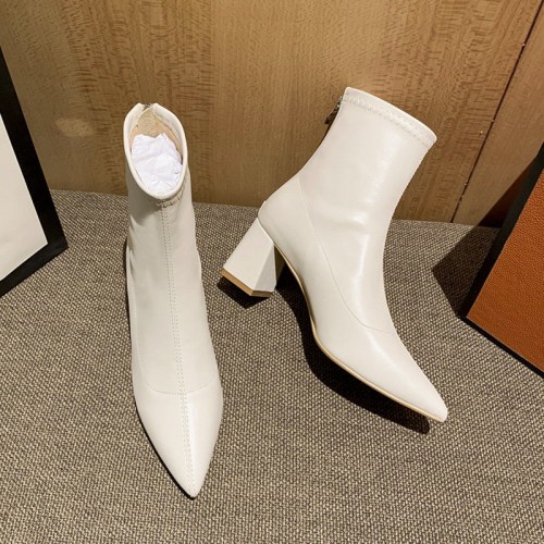 Women Fashion Solid Color Pointed Toe Heel Zipper Chunky Heel Short Boots