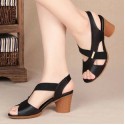 Women Casual Plus Size Peep Toe Cutout PU Chunky Heel Sandals